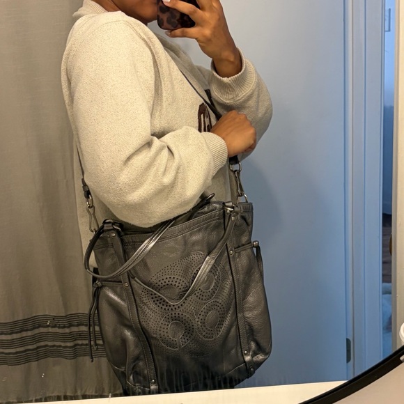 Coach Audrey 19567 Cinched Medium North South Tote Silver Metallic Leather - Picture 10 of 12